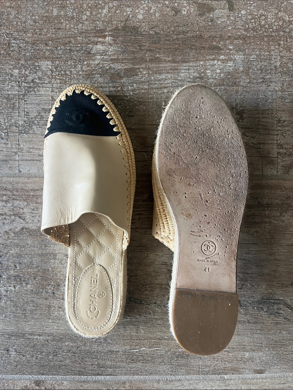 CHANEL Beige Leather Espadrille Mule with Black Cap Toe - Picture 8 of 9